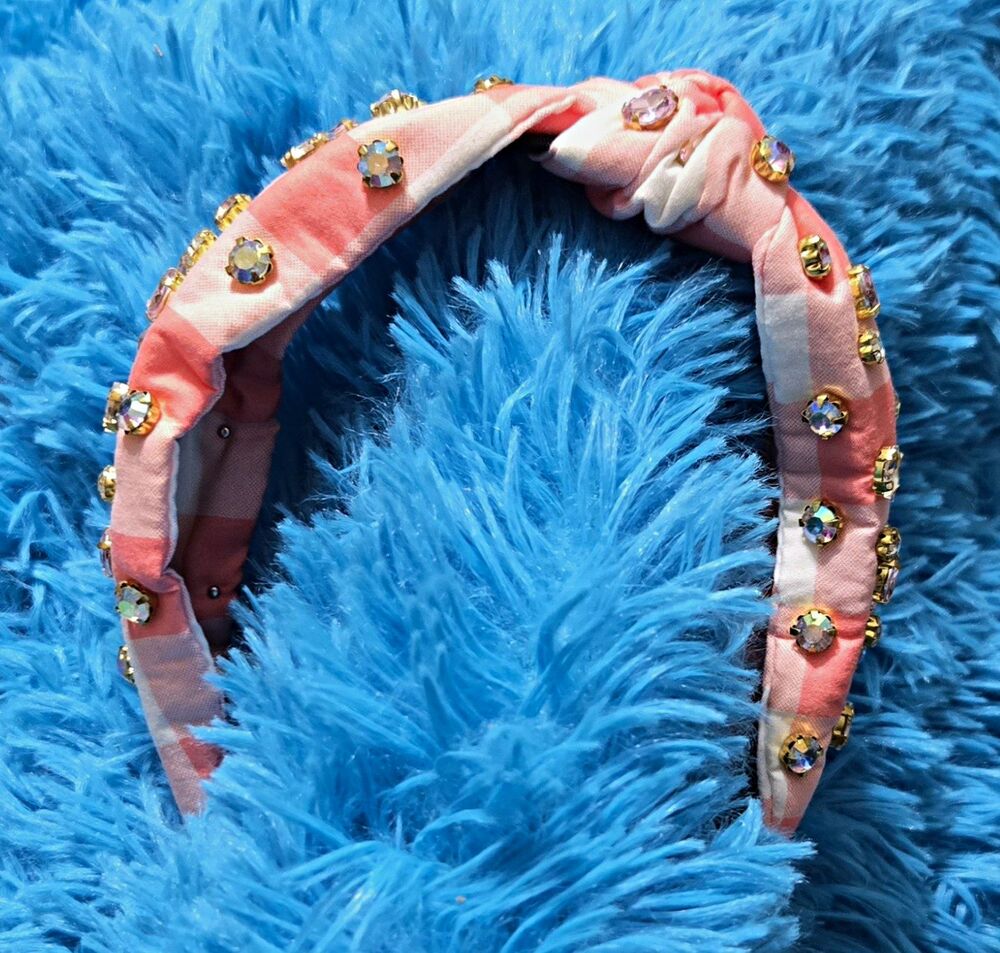 Pink White Striped Knotted Fabric Headband w/ Rhinestone Embellish